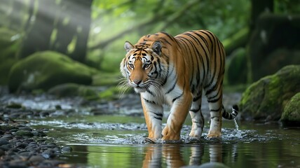 Majestic Siberian tiger walking through a shallow forest stream with dappled sunlight animal wildlife