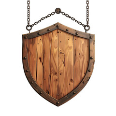 A wooden shield-shaped sign hanging by chains, featuring detailed wood grain and metal edging