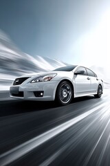 Naklejka premium White modern car driving fast on road with motion blur