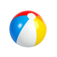 A colorful striped inflatable beach ball with red, blue, white, yellow, and orange panels