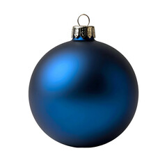 A single, deep blue, matte Christmas ornament hangs against a solid black background