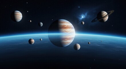 A cosmic scene featuring planets of varying sizes and rings floating in a vast, dark universe