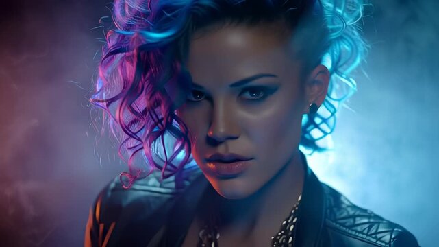 In an underground club filled with low lights and smoke, a female DJ with vibrant neon hair captivates the crowd with her high-energy performance, mixing unique tracks