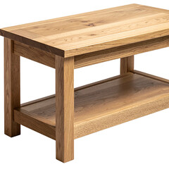 Close-up of a handcrafted wooden coffee table. Features a bottom shelf and sturdy legs
