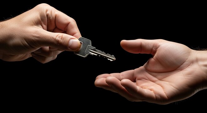 Dramatic Key Handover - Two Hands, Silver Key, Dark Backdrop.