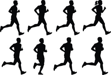 Running silhouettes of diverse people, athletic motion, black and white vector illustration for fitness, sport, animation, health, training, design