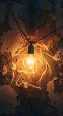 Illuminated Bulb Against Textured Wall - A Study in Light and Shadow.
