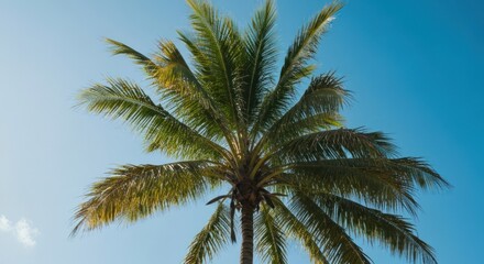 A lush, green palm tree against a bright, cloudless blue sky