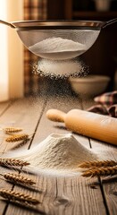 Sifting Flour for Baking on Rustic Wooden Table with Rolling Pin.