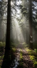 Obraz premium Sunlit Path Through a Mystical Forest - Natures Serene Embrace.