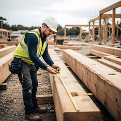 Construction Worker Measuring Timber Beam on Building Site
