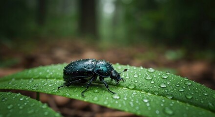 Naklejka premium A shiny beetle, covered in water droplets, rests on a green leaf in a blurred forest