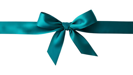 Elegant teal satin ribbon bow tied on a dark black background with subtle lighting and texture