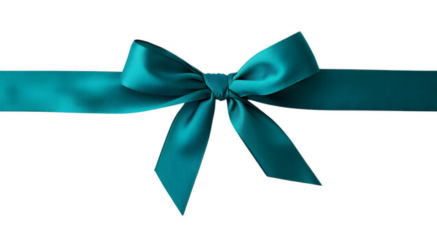 Elegant teal satin ribbon bow tied on a dark black background with subtle lighting and texture