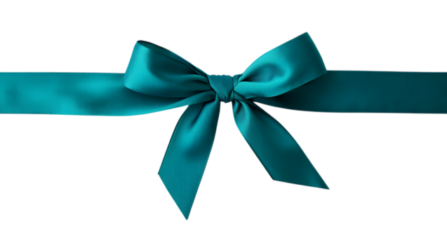 Elegant teal satin ribbon bow tied on a dark black background with subtle lighting and texture - Powered by Adobe