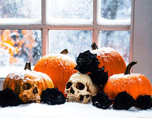 Snow and Black Roses Halloween Table