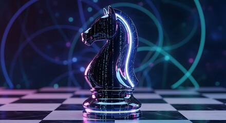Neon Knight - A Futuristic Chess Piece on a Glowing Board.