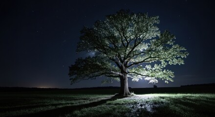 A solitary, illuminated tree stands in a field against a starry night sky