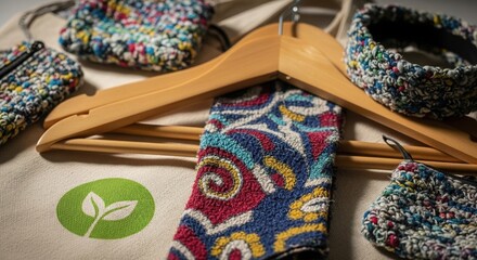 Eco-Friendly Fashion Accessories Displayed on a Tote Bag with a Sprout Logo and Wooden Hanger, Sustainable Style