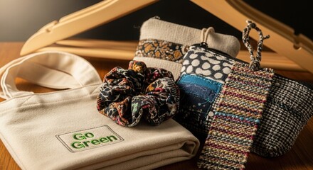 Eco-Friendly Fashion Accessories Still Life Featuring Reusable Tote Bag, Scrunchie, and Coin Purses on Wooden Surface