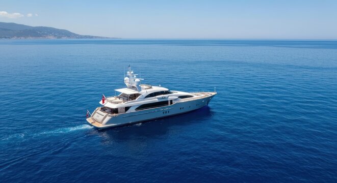 A sleek, modern yacht gracefully glides across vast blue waters, mountains in the distance