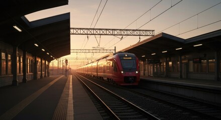Fototapeta premium A train pulls into a station at sunset, bathed in warm light. Tracks lead to vanishing point