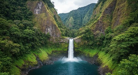 A tall waterfall cascades into a blue pool surrounded by lush green cliffs and foliage