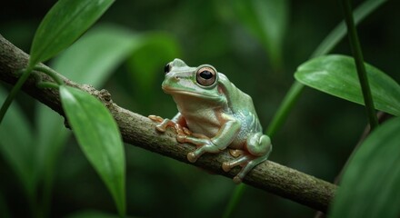 Obraz premium A vibrant green frog perches on a branch amidst lush, dark green foliage