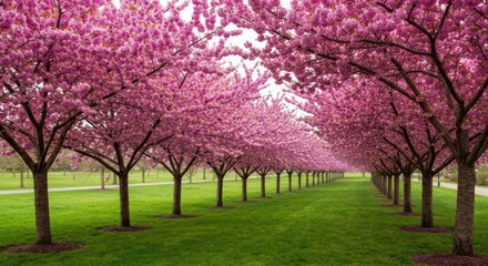 Obraz premium A vibrant avenue of pink flowering trees frames a lush green lawn under an overcast sky