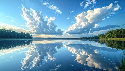 Serene Lake Reflection with Puffy Clouds and Lush Greenery