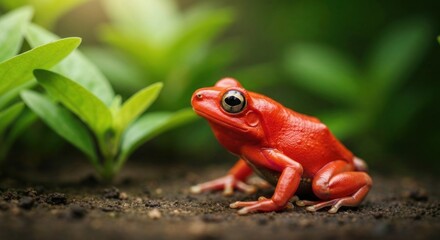 Obraz premium A vibrant red frog rests on earth near lush green foliage, illuminated by soft sunlight