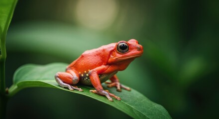 Obraz premium A vibrant orange frog with dark eyes sits alert on a lush green leaf, soft background