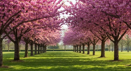 Naklejka premium A vibrant pink cherry blossom tunnel frames a lush green lawn and a distant sunlit horizon
