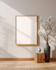 interior of a room with a wooden empty frame on the wall