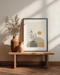 interior design scene with a vase and a framed photo