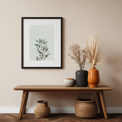 A photo framed in a black frame in the room, with plants and pots on a wooden table for interior 