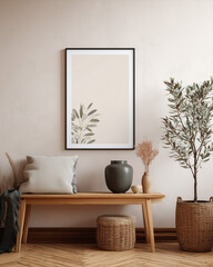 A photo framed in a black frame in the room, with plants and pots for interior