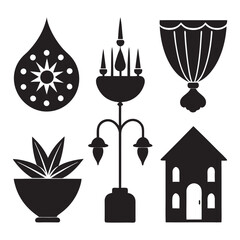 Collection of diverse home interior decoration elements presented as clean black silhouettes on a white background