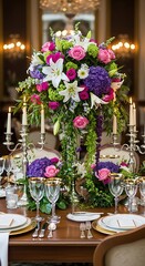 Elegant Floral Centerpiece on a Formal Dining Table.