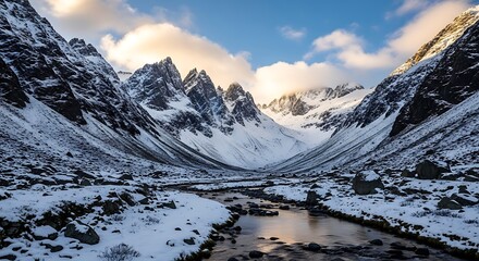 Snowy Mountain Valley - A Winter Landscape of Peaks and River.