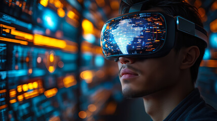 A businessman wearing VR glasses interacts with a holographic globe. Generative Ai.