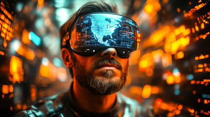 A businessman wearing VR glasses interacts with a holographic globe. Generative Ai.