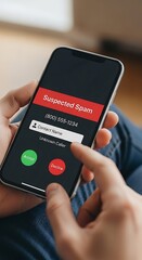 Scam call alert on a smartphone screen held by a person.