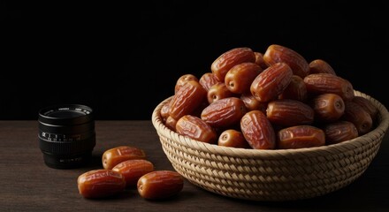 A woven basket overflows with dates, some scattered beside, next to a black lens