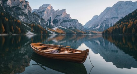 Obraz premium A wooden rowboat floats serenely on a still lake mirroring towering mountains and autumn foliage