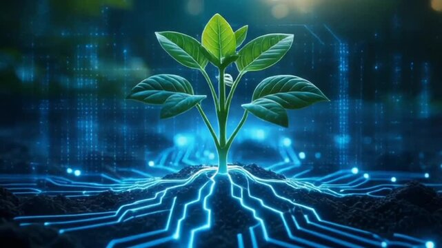 Integration of nature and technology, eco-friendly innovation, and the future of green technology. Suitable for themes such as technology, environment, sustainability, innovation, and modern agricultu