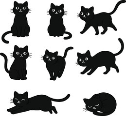 Collection of adorable cartoon black cats in various poses and expressions.
