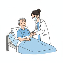 Doctor caring for an elderly patient in a hospital bed, medical consultation