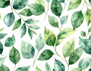 Seamless Watercolor Green Leaf Pattern on White Background, Botanical Nature Design