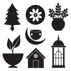 Collection of silhouette icons representing various home decoration elements and furniture